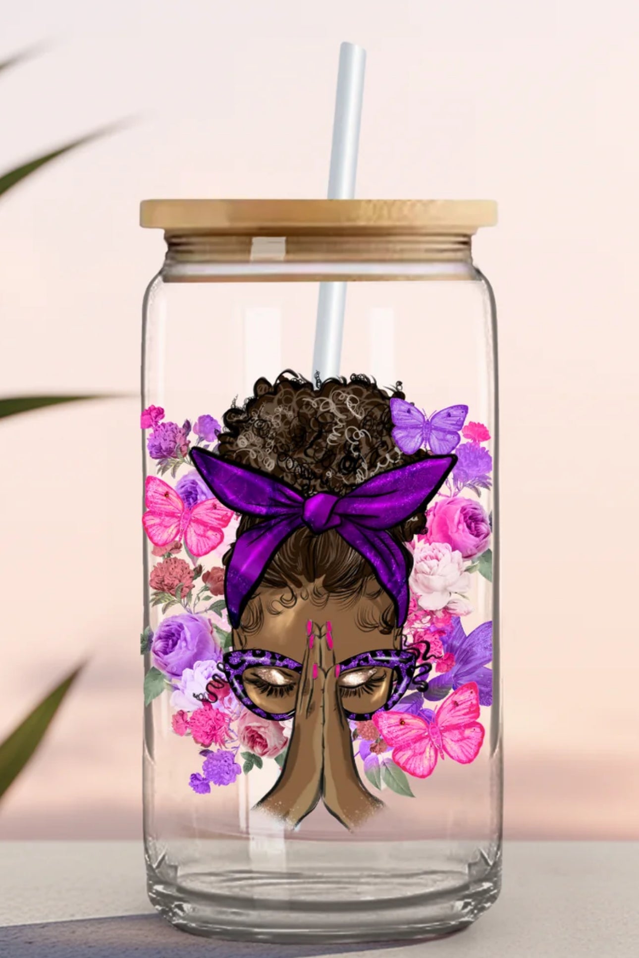 “Messy Buns & Praying Hands Glass Cup With Bamboo Lid”